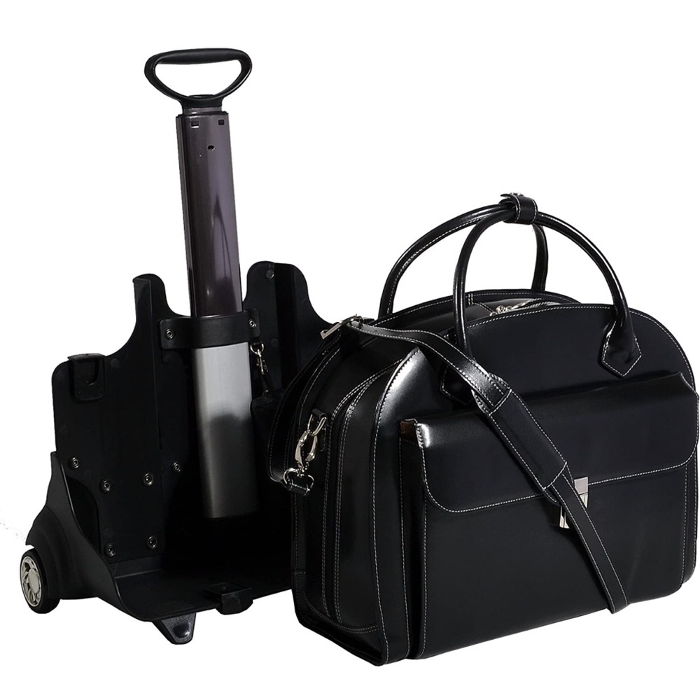 15" Leather Patented Detachable -Wheeled Ladies' Laptop Briefcase, Black